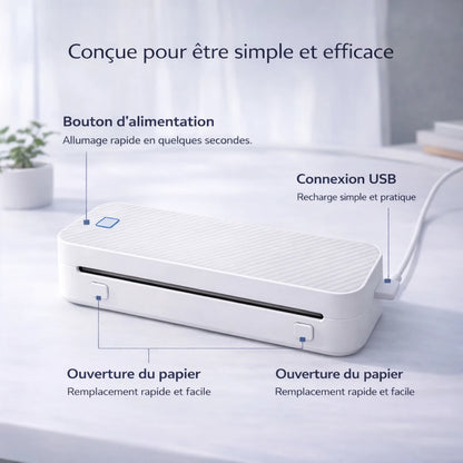 [blanc] Détails imprimante thermique portable bouton alimentation USB et changement papier