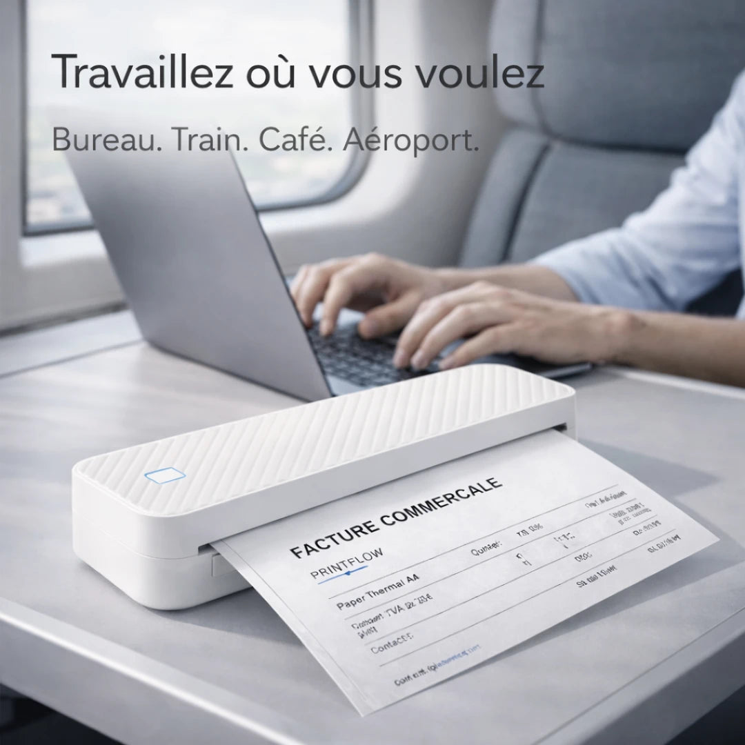 [blanc] Imprimante portable A4 utilisée en train pour imprimer des documents professionnels