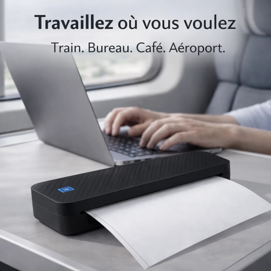 [noir] Imprimante thermique portable A4 utilisée dans un train avec un ordinateur portable