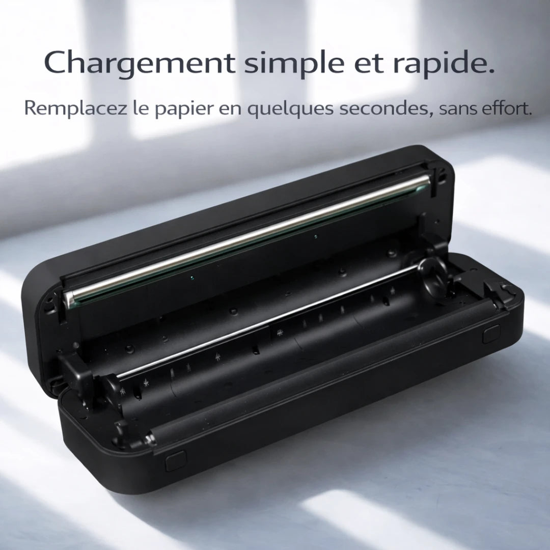 [noir] Chargement du papier dans une imprimante thermique portable A4 simple et rapide