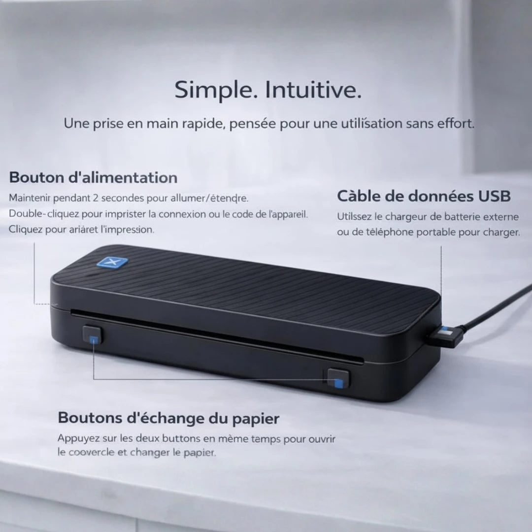[noir] Détails de l’imprimante thermique portable A4 avec bouton alimentation et port USB
