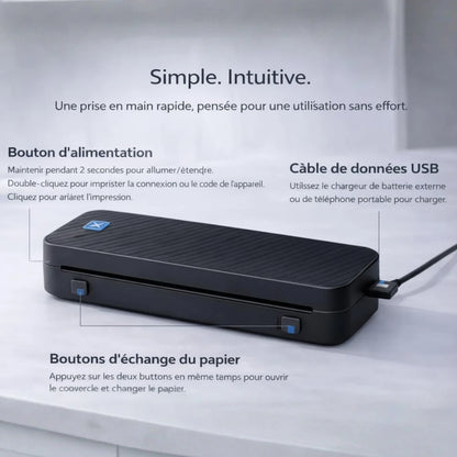 [noir] Détails de l’imprimante thermique portable A4 avec bouton alimentation et port USB