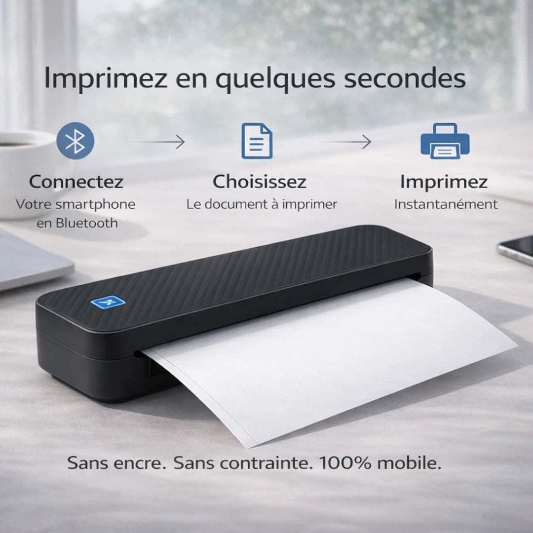 [noir] Imprimante thermique portable A4 PrintiFlow fonctionnement simple en 3 étapes sans encre