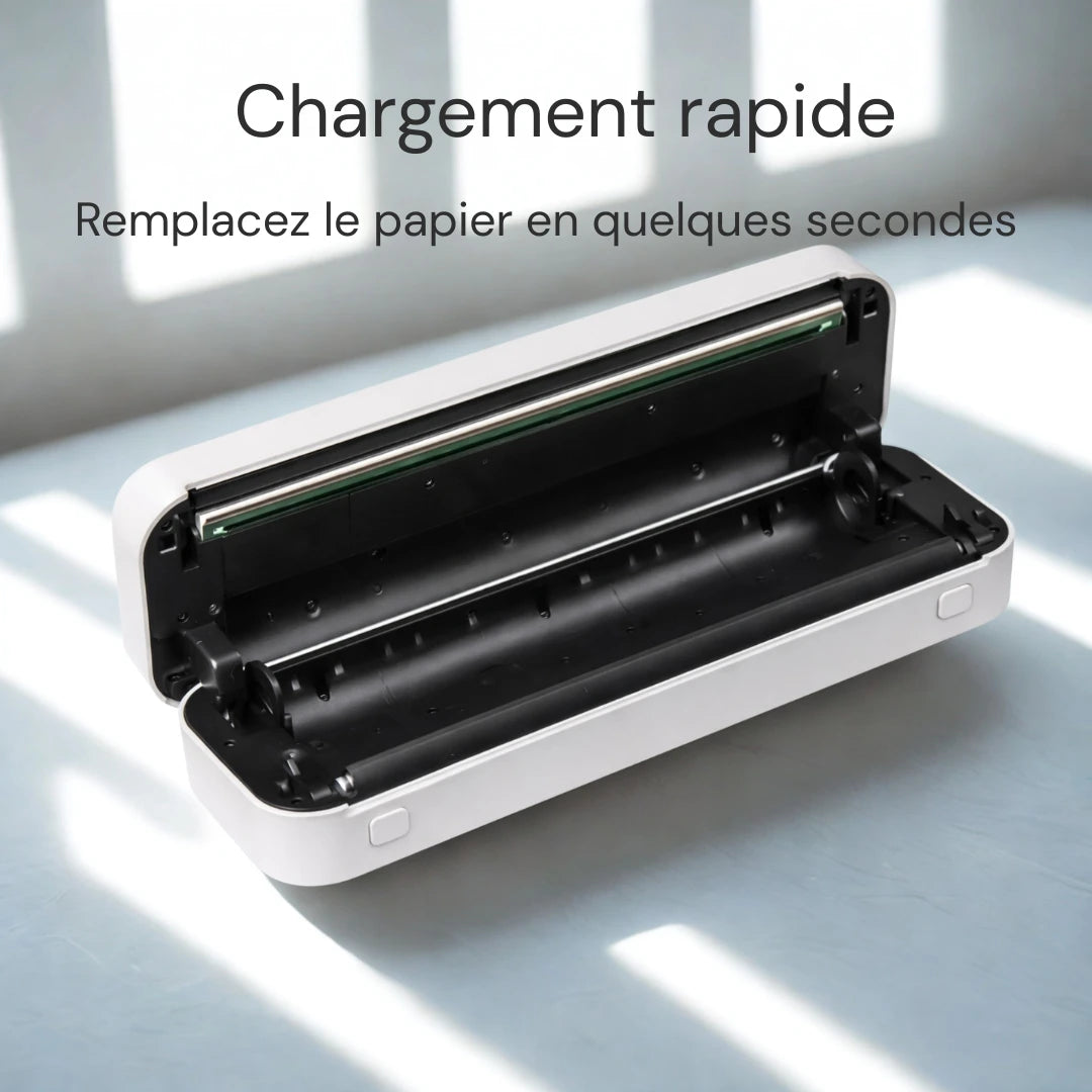 [blanc] Imprimante thermique portable A4 sans encre PrintiFlow ouverte avec système de chargement du papier rapide