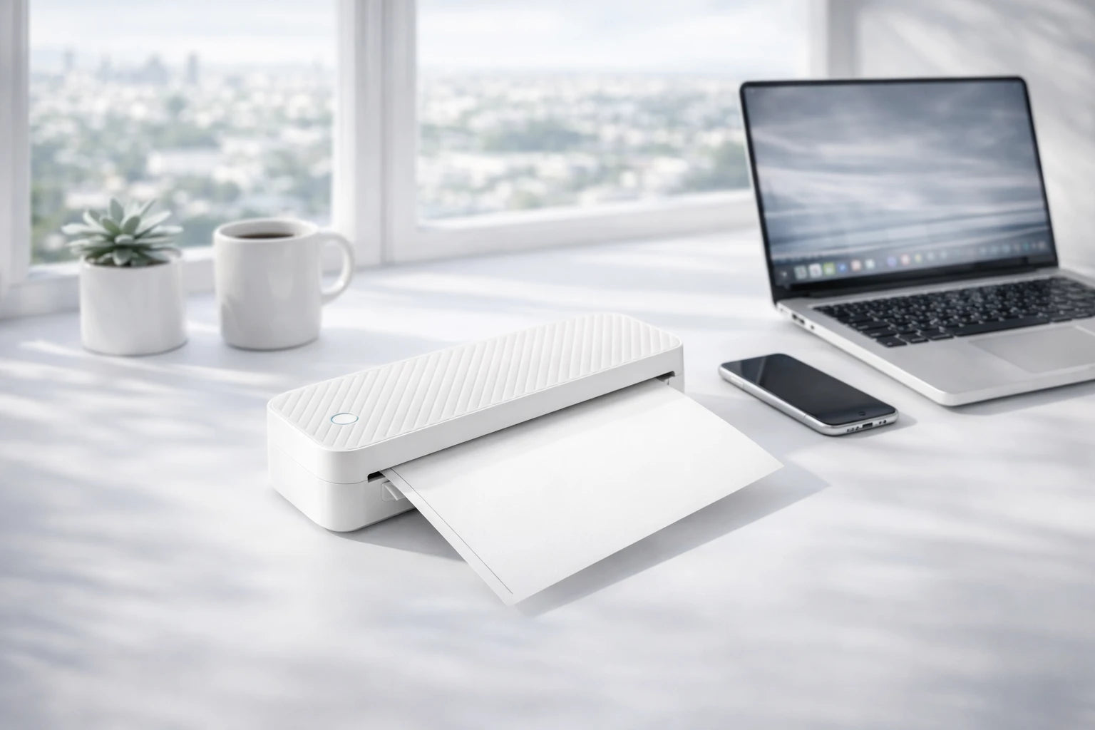 imprimante thermique portable a4 sans encre sur bureau moderne avec ordinateur et smartphone