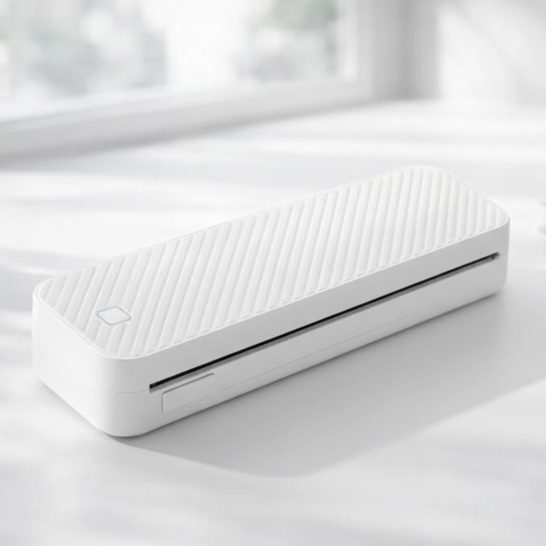 [blanc] Imprimante thermique portable A4 blanche PrintiFlow sans encre sur bureau lumineux