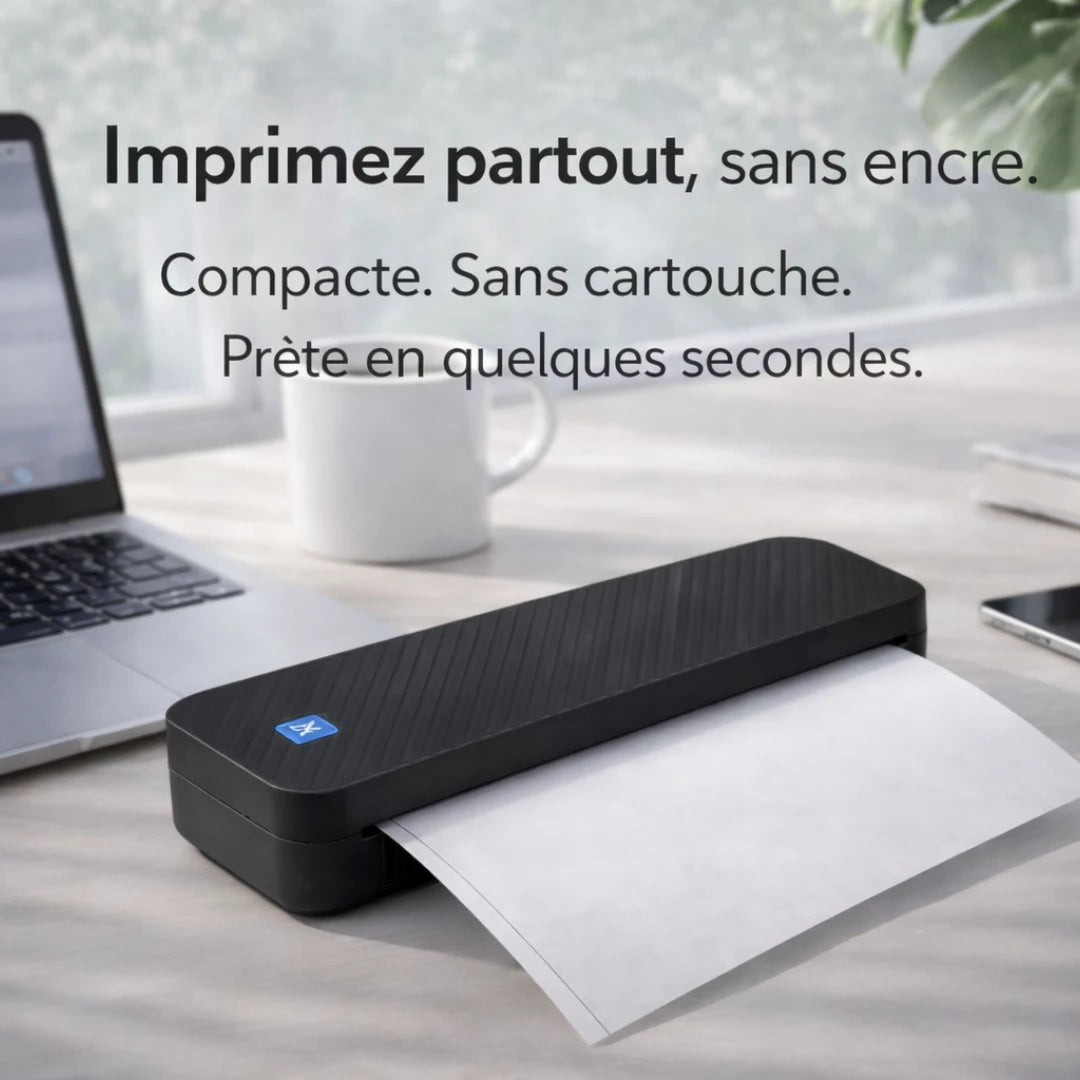 [noir] Imprimante thermique portable A4 PrintiFlow sur un bureau moderne avec ordinateur portable