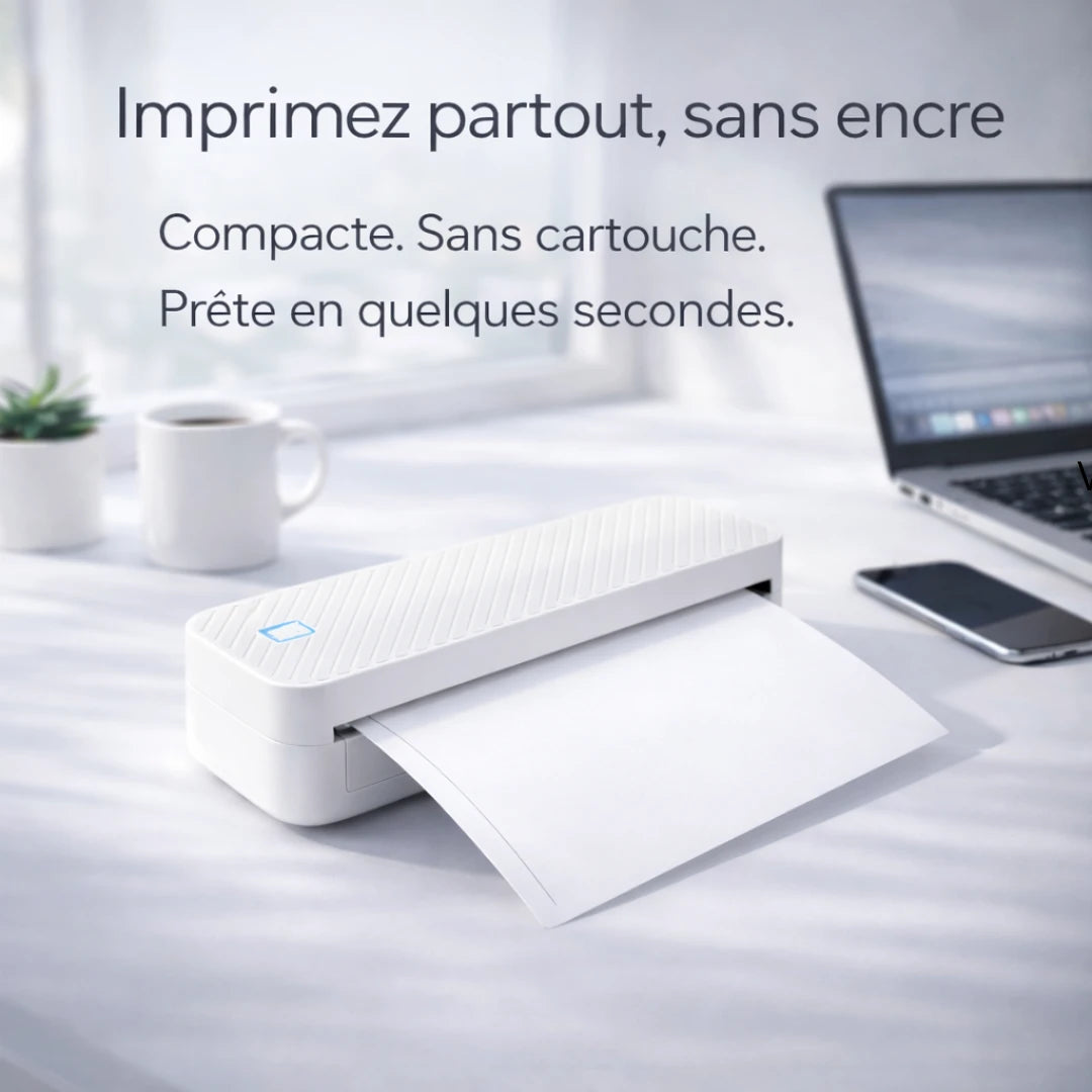 [blanc] Imprimante thermique portable A4 PrintiFlow sur bureau moderne sans encre
