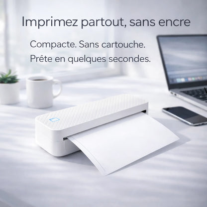[blanc] Imprimante thermique portable A4 PrintiFlow sur bureau moderne sans encre