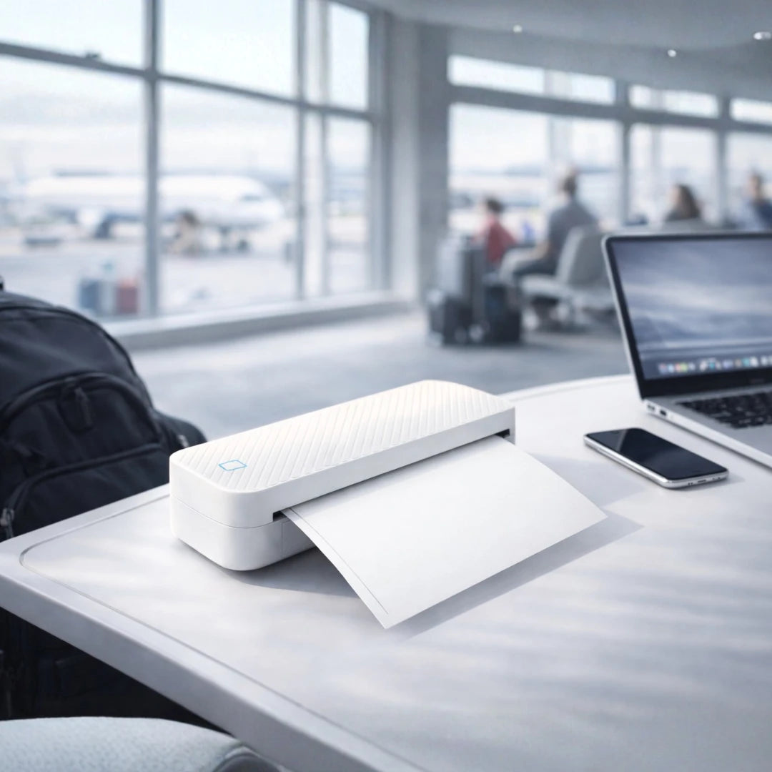 imprimante thermique portable a4 en déplacement sur table avec ordinateur et sac transport utilisation nomade