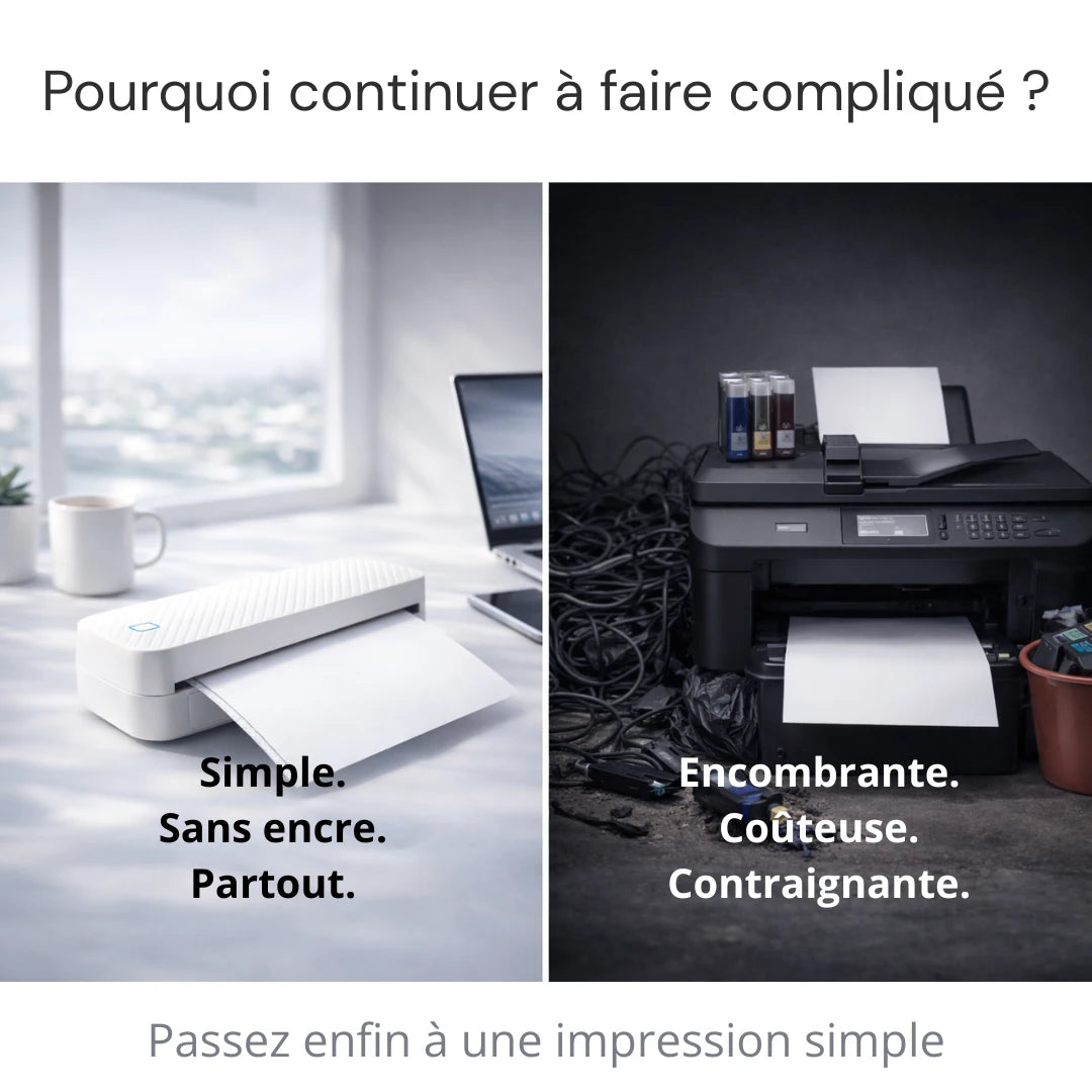 comparaison imprimante thermique portable a4 sans encre et imprimante classique encombrante avec cartouches
