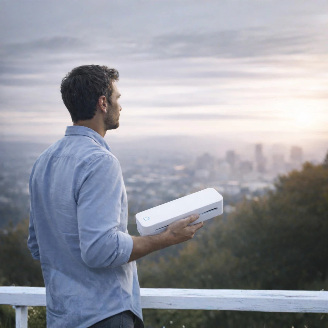 homme regardant la ville avec imprimante thermique portable a4 printiflow symbole de liberté et mobilité